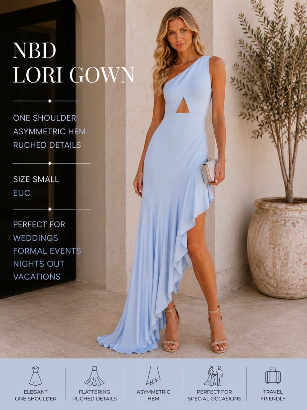 NBD Lori One Shoulder Asymmetrical Ruffle Gown Baby Blue Formal Dress Small